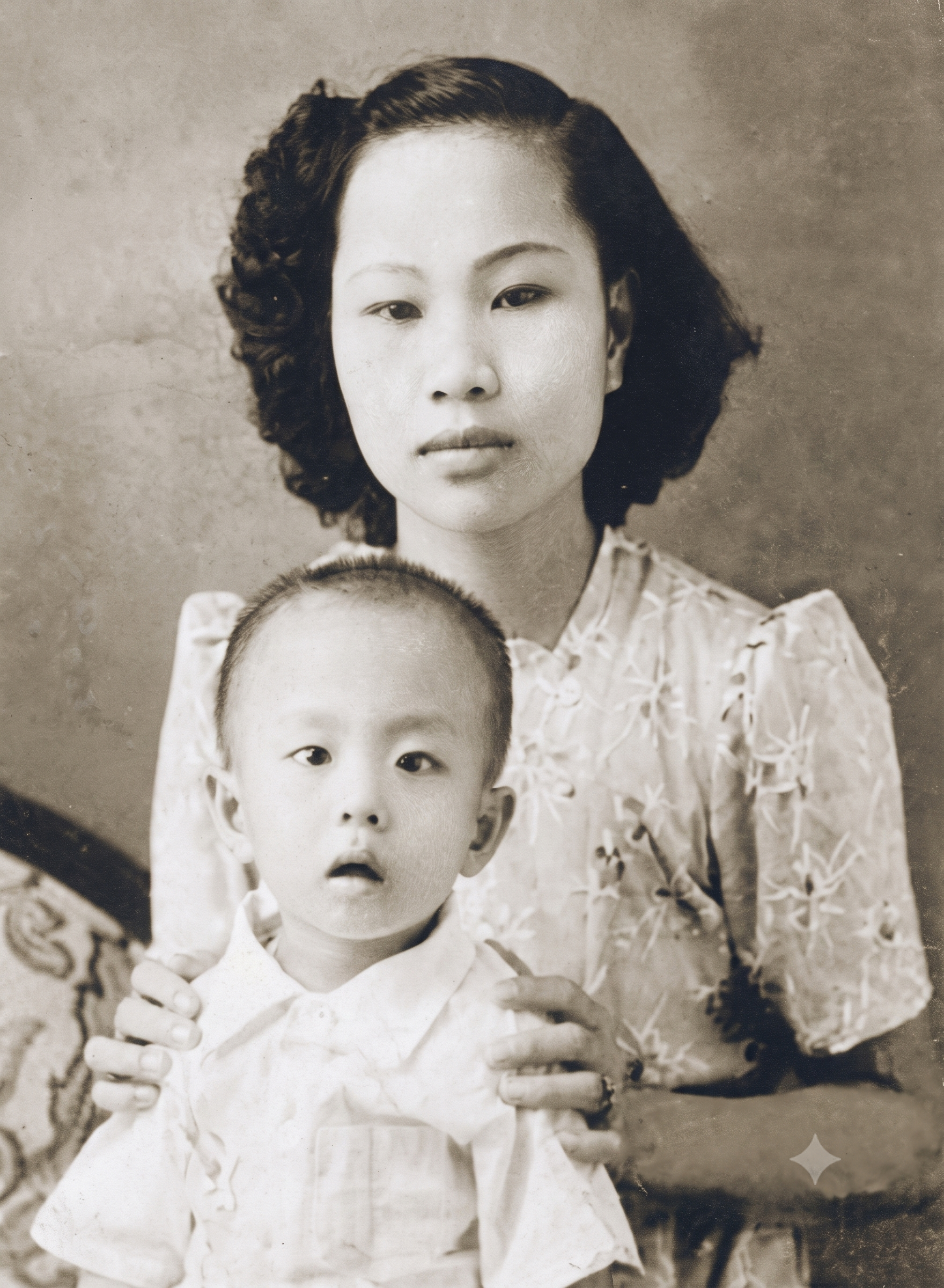 Sheng-yen Lu as a toddler with his aunt (image enlarged from original by AI)